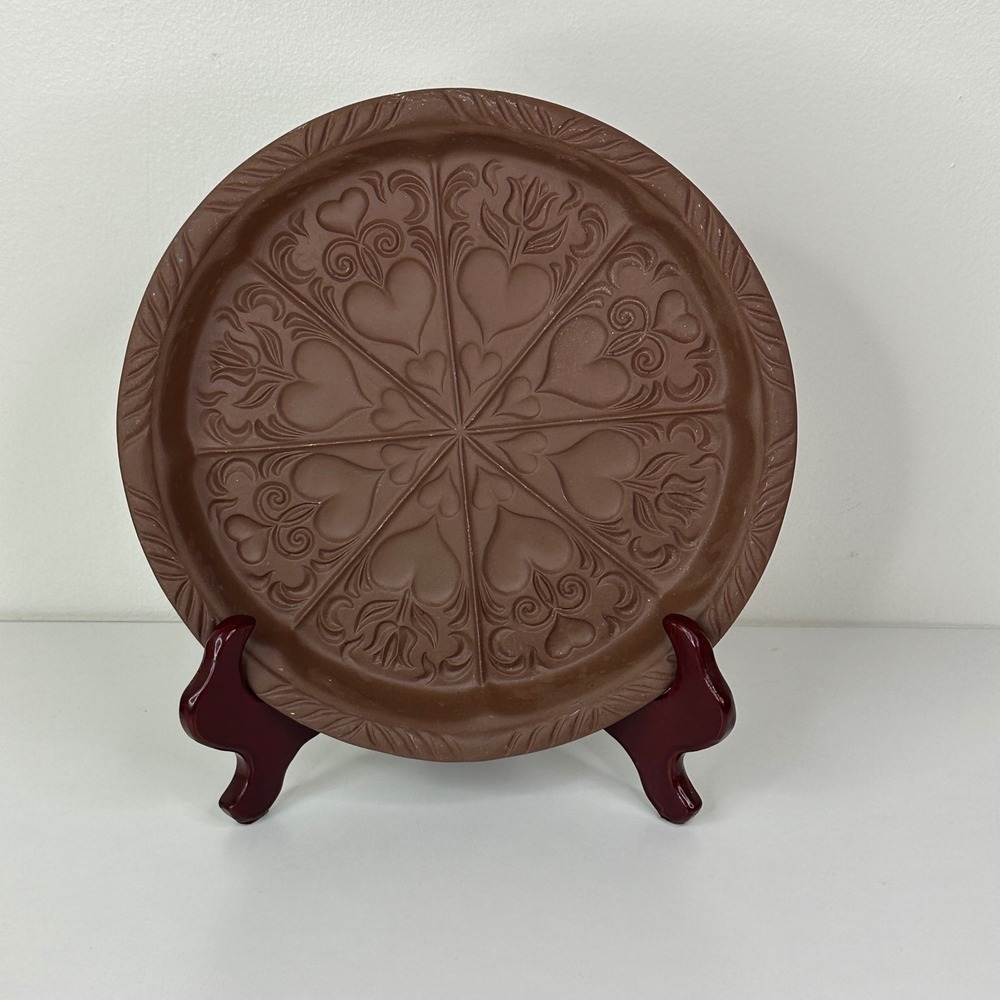 Hartstone USA Stoneware Shortbread Mold Brown Hearts Tulips Embossed 9.5 Inch
